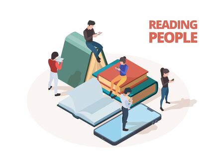 Reading people. Study persons with books newspapers and smartphones reading in library vector isometric concept. Education student, learning and reading book illustrationのイラスト素材