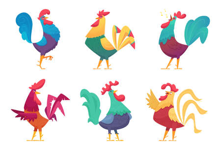 Rooster cartoon. Chicken farm male birds with colored feathers vector characters in different poses. Chicken and rooster farm, cartoon animal and hen mascot illustrationのイラスト素材