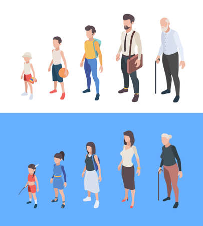 Generations persons. Male and female characters boys and girls man woman mother father seniors vector generation of peoples. Process growing and aging, development generation illustrationのイラスト素材