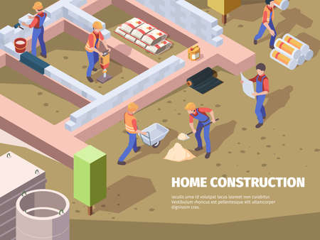 Workers foundation building. Architects and builders construct house engineers working vector isometric background. Construction and foundation, worker working on site illustrationのイラスト素材