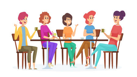 Girlfriends meeting. Cute women party, female with drinks talking and smiling. Isolated girls in cafe vector illustration. Meeting coffee adult, conversation in restaurantのイラスト素材