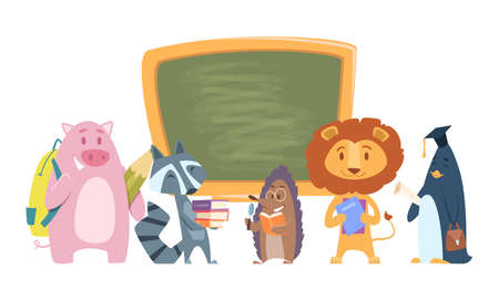 School animals. Back to school cartoon characters. Cute students lion, raccoon, hedgehog with books and bags standing near chalkboard vector illustration. School animal with books, pupil studentsのイラスト素材
