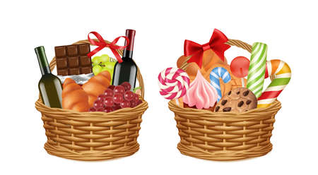 Christmas gift baskets. Realistic food packaging, grocery store festive promo presents vector illustration. Basket christmas with gift and wine bottle, gingerbread and candyのイラスト素材
