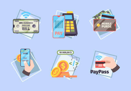 Mobile payments. Business concept pictures online banking nfc mobility innovative systems phone commercial transaction vector flat illustration. Service transaction innovation, transfer use smartphoneのイラスト素材