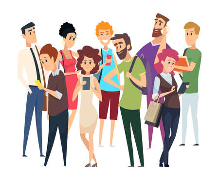 Different people crowd. Isolated man woman with gadgets and book. Happy confused displeased vector characters. People social group community with gadget and books illustationのイラスト素材