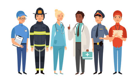 Essential workers. Isolated frontliners group, people working on virus pandemic. Doctor policeman fireman postman delivery boy vector set. People illustration in uniform, healthcare employment safetyのイラスト素材
