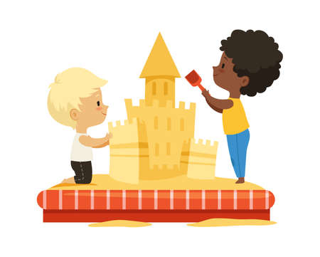 Boys building sand castle. Children play together, multicultural friendship concept. Isolated cartoon kids vector illustration. Children in sand pit, cute activity outdoorのイラスト素材