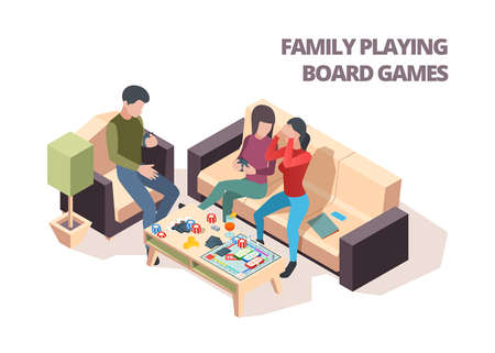 Family playing board game. Cards chess home leisure playing isometric happy people. Family game together, board play illustrationのイラスト素材