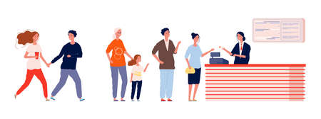 Long queue to cinema. People waiting line buying ticket to movie. Adults, teens and kids entertainment illustration. Cinema queue or entertainment concert lineのイラスト素材
