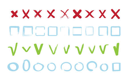Check marks collection. Approve false reject signs geometrical square and circle shapes vector...