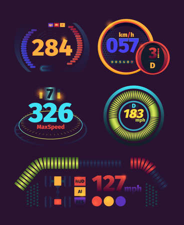 Speedometer futuristic. Automobile racing speed panel fuel and kilometers indicators dashboard...