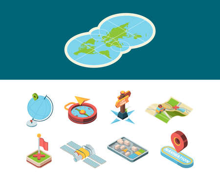 Navigation isometric icon. Map road smart navigator and sign route direction boards compass and navigation methods vector set. Isometric web location, marker 3d destination illustrationのイラスト素材