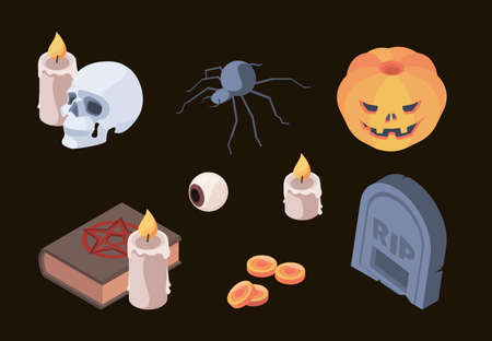 Halloween collection. Horror scary symbols skull bones cemetery tomb ghosts vector isometric set items for autumn celebration. Halloween scary tombstone, colorful elements illustrationのイラスト素材