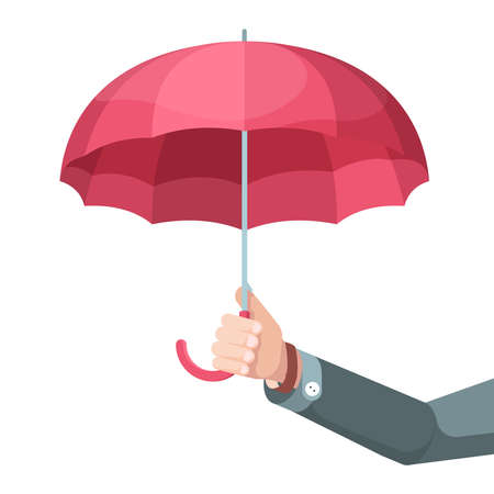 Umbrella in hand. Concept picture businessman holding big umbrella protection symbols vector flat background. Businessman with umbrella, service insurance comfortable illustrationのイラスト素材