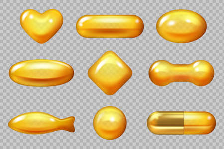 Realistic gold capsule. Dropping yellow capsule for hair natural products vitamin e omega vector 3d illustrations.のイラスト素材