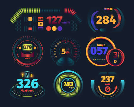 Speedometer. Engine motor odometer car dashboard with indicators danger speed arrows vector futuristic illustration. Speedometer measuring automobile, auto dashboard panelのイラスト素材