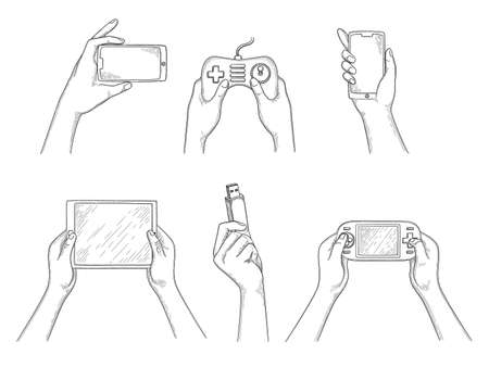 Gadgets in hands. Smart digital mobile devices in human hands holding smartphone laptop tablet pc video cameras vector hand drawn background.のイラスト素材