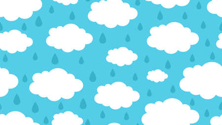 Rainy clouds pattern. Season weather, rain drops and white cloud vector seamless texture. Cloud weather season, rain nature wallpaper illustrationのイラスト素材