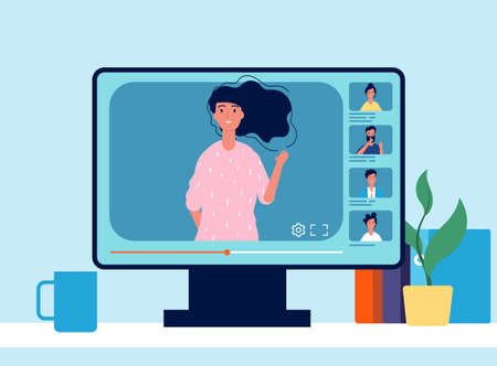 Online conference. Video meeting, people on screen. Business chatting, international friendship vector illustration.のイラスト素材