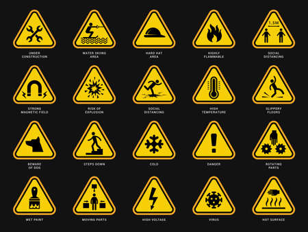 Yellow warning symbols. Triangle signs with danger symbols attention camera electrical hazard vector templates.のイラスト素材