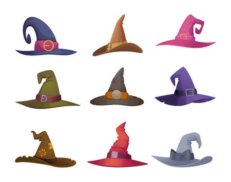 Halloween hat. Cap for witch scary symbols for halloween party celebration fashioned black female clothes vector illustrations. Halloween top hat, scary costume clothingのイラスト素材