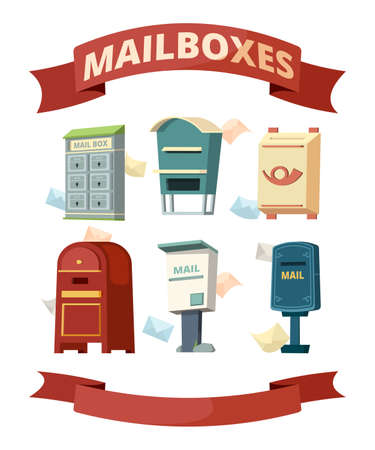 Mail boxes. Containers for post letters vector illustrations set. Post container, box for envelope, send and delivery newsletterのイラスト素材