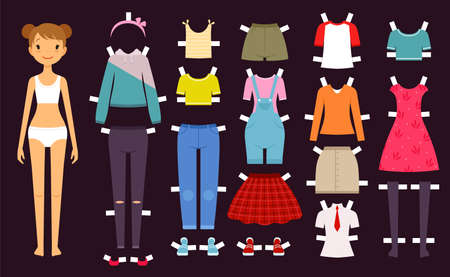 Paper doll. Cute toys female doll with various wardrobe clothes fashion girls vector illustration. Dress female, wear girl paper modelのイラスト素材