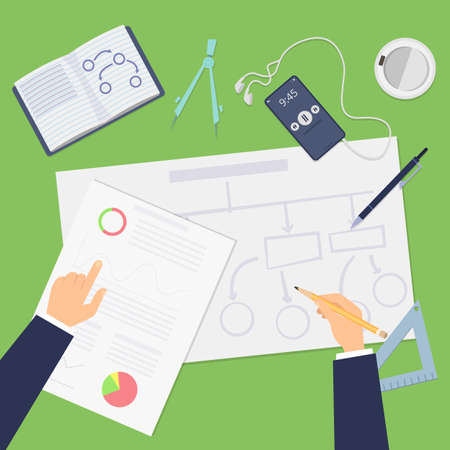 Planning. Agile concept, top view business plan or startup project. Hands drawing financial schemes...