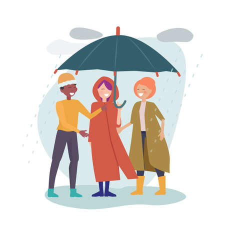 International friendship. Multicultural friends stand together under one umbrella. Rainy day, happy man woman in autumn clothes vector illustration. Umbrella protection, protect form rainのイラスト素材