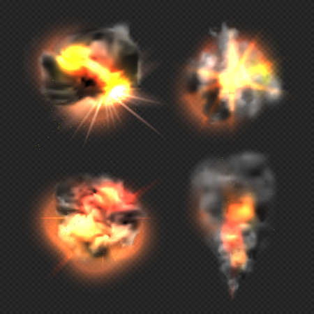 Bomb explosion. Exploded fire flame and smoke dramatic effects vector realistic templates. Illustration dynamite fire boom, explode motionのイラスト素材