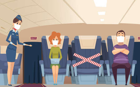 Flight rules. Epidemic problems, passengers wear protective masks in plane and safe social distance vector illustration. Epidemic flight prevention and protectionのイラスト素材