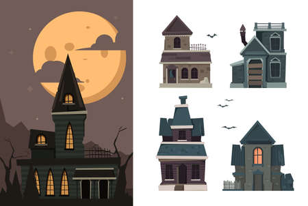 Scary houses. Spooky buildings outdoor village haunted horror constructions for halloween party vector flat pictures. Spooky and scary house for halloween illustrationのイラスト素材