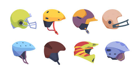 Sport helmet. Motorbike safety accident helmet vector illustrations collection. Colored helmet...