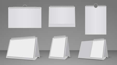 Realistic calendar templates. Wall and table blank paper calendars mockup vector set. Blank office empty calendar, mockup page organize binder illustrationのイラスト素材