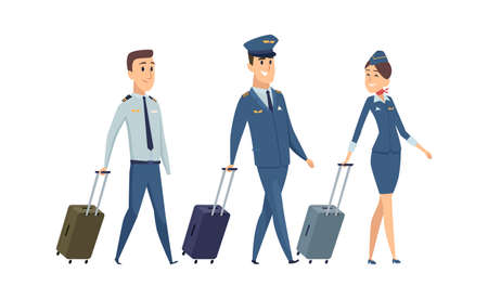 Plane team. Isolated pilot, navigator and stewardess with suitcases. Happy airplane staff going to board vector illustration. Flight aviation team, captain commanding attendantsのイラスト素材