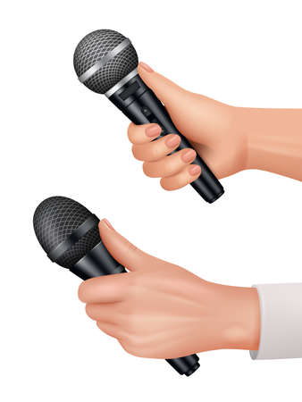 Microphones in hands. Interviewer equipment news audience dialog vector proffesional items realistic. Microphone interview equipment for speech broadcasting illustrationのイラスト素材