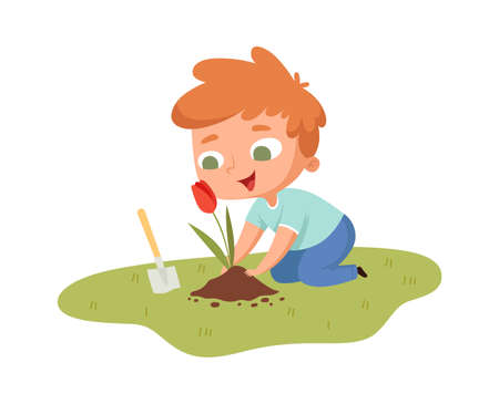 Boy planting tulip. Young guy with garden tool caring flower. Isolated cartoon little male gardening hobbies vector illustration. Hobby gardening at backyard, happy childのイラスト素材