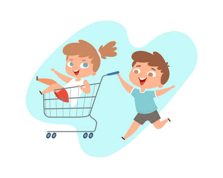 Children ride in grocery cart. Happy brother and sister play in shop or supermarket, cartoon happy children characters. Kids bad behavior or manners, baby pranks vector illustrationのイラスト素材