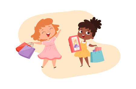 Girls with gifts. Happy little princesses with boxes and bags. Cute cartoon afro american baby shopping character. International friendship, kids friends vector illustration. Happy child girls shopperのイラスト素材