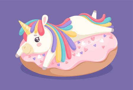Unicorn on donut. Sweet dessert, cafe bar coffee shop or bakery poster. Baby print with fantastic animal and cake vector illustration. Magic fantasy horse character and cream donutのイラスト素材