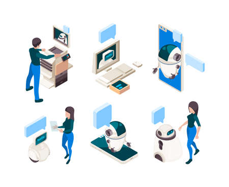 Chatbot isometric. People conversation with smart machine human connection with thinking computer head dialogue concept. Illustration intelligence ai, chatting supportのイラスト素材