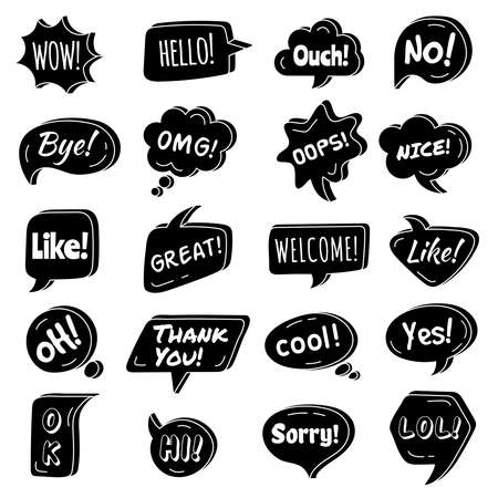 Talking phrase. Speech bubbles circle shapes with dialogue simple phrase vector text areas collection. Illustration bubble talk message, text speech balloonのイラスト素材