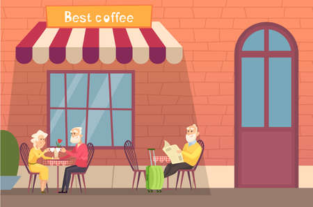 European street cafe. Elderly travellers drink coffee on terrace. Old people with luggage relax vector illustration. Street cafe european, city building restaurantのイラスト素材
