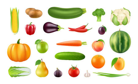 Realistic fruits vegetables. Big harvest clipart, isolated fresh farm market food elements. Pumpkin apple pepper cabbage vector illustration. Collection fruit s and vegetables, vegetarian foodのイラスト素材