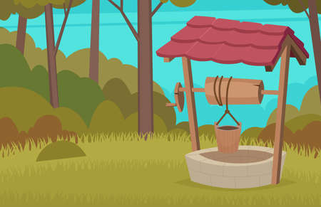 Forest water well. Construction country wood vector wellness cartoon background. Well source nature landscape, tree and grass illustration environmentのイラスト素材