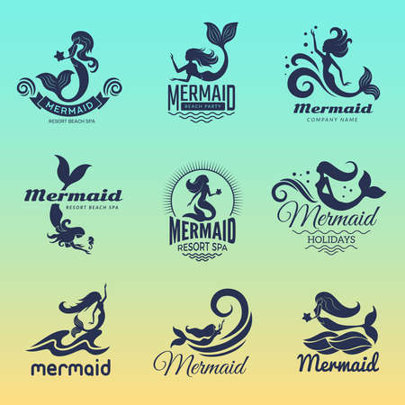Mermaid logo. Marine swim fairytale women ocean symbols vector badges collection. Illustration girl fish underwater, isolated set for spa resortのイラスト素材