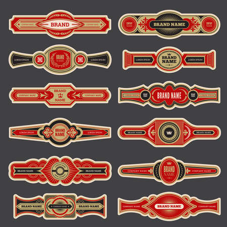 Cigar labels. Colorful vintage banded badges for cigar branding vector set. Cigar smoking different logotype, closeup label collection illustrationのイラスト素材