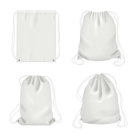 Rope bag. Sport fabric white shoulder drawstring package vector realistic collection. Bag drawstring, pack and pouch, backpack white illustrationのイラスト素材