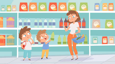 Family in grocery store. Mother son shopping in supermarket. Children choose drinks vector illustration. Supermarket interior and family with childrenのイラスト素材