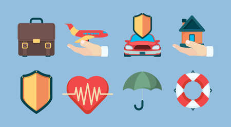 Insurance icon. Property policy insurance objects business life health vector symbols collection. Insurance life and home, security travel and protect life illustrationのイラスト素材